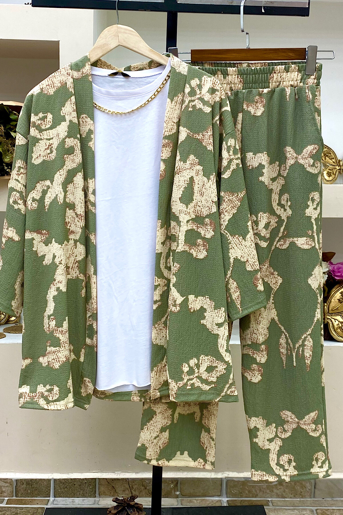 Su Yeşili Desenli Kimono Takım